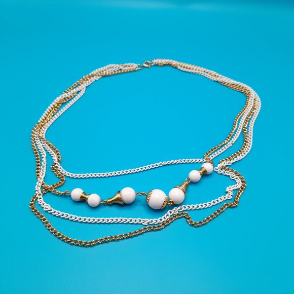 Vintage White Enamel Gold Tone Chain Necklace, Glass Beads, 4 Strands, 18" - Picture 9 of 9